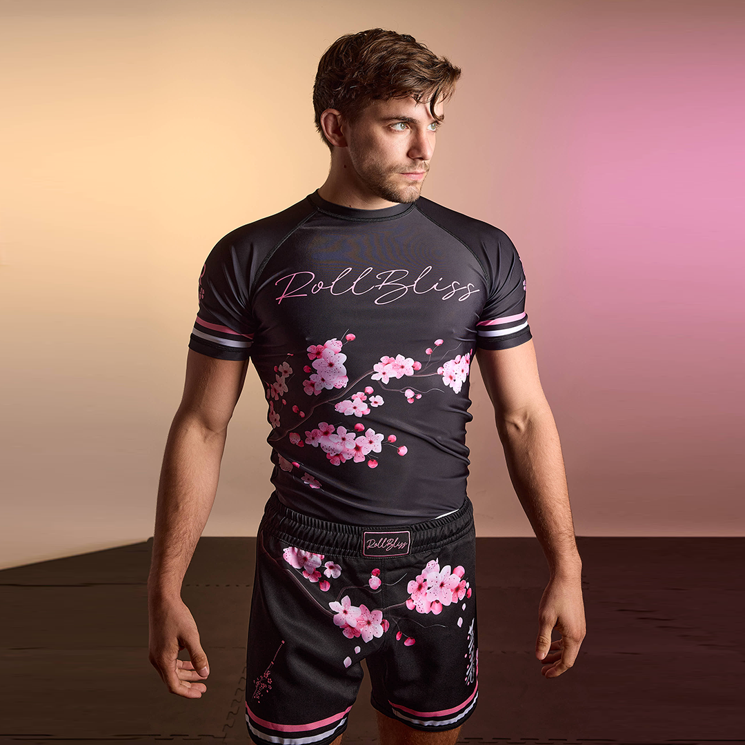 RollBliss Black Cherry Blossom Grappling Shorts: Embrace Luxury