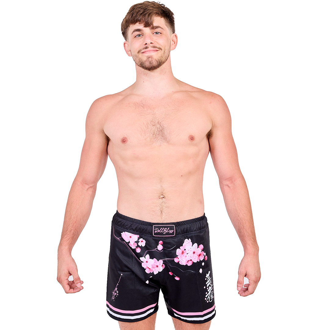 RollBliss Black Cherry Blossom Grappling Shorts: Embrace Luxury