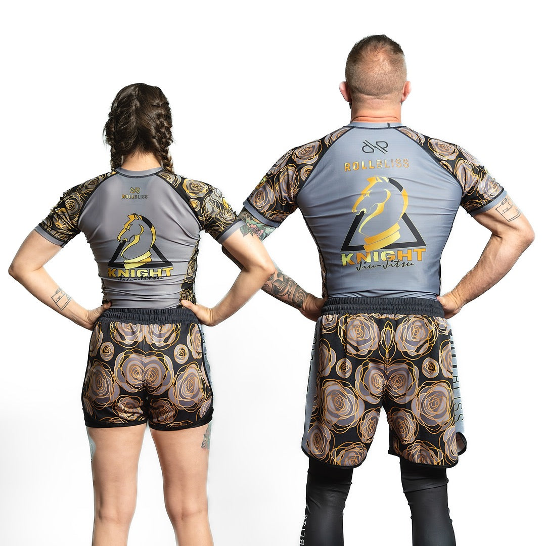 Eli Knight Grey Gold Roses BJJ Rash Guard