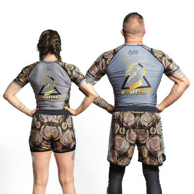 Eli Knight Grey Gold Roses BJJ Rash Guard